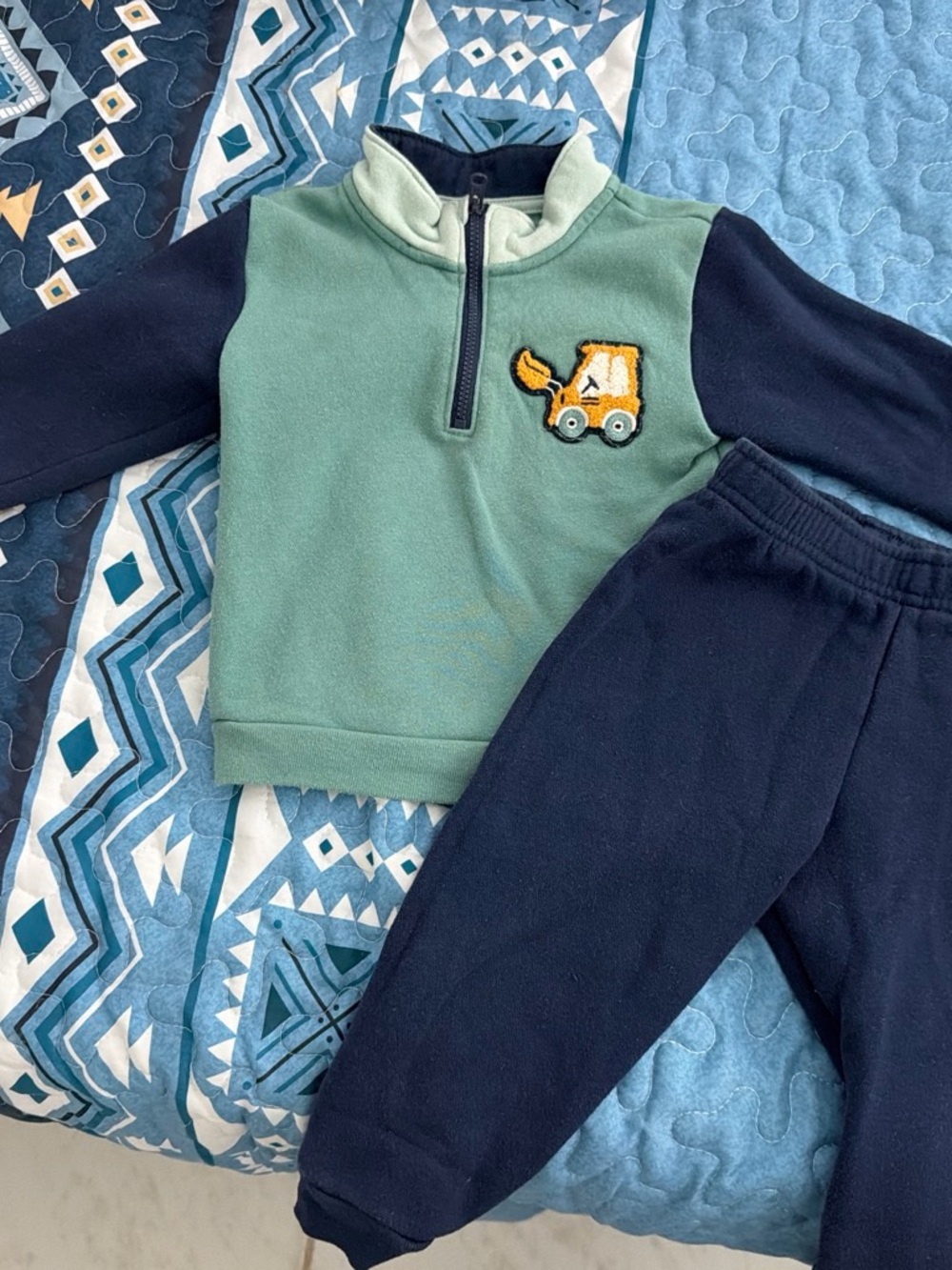 Kids Green and Navy Fleece Jogger Set - Pullover with Construction Patch